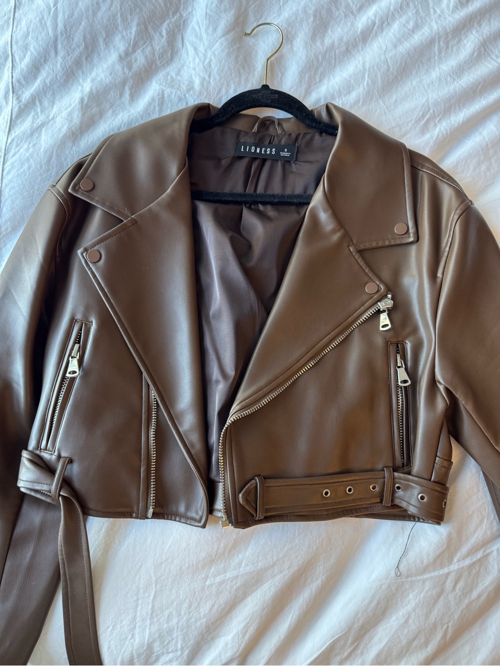LIONESS Women's Brown Faux Leather Moto Jacket